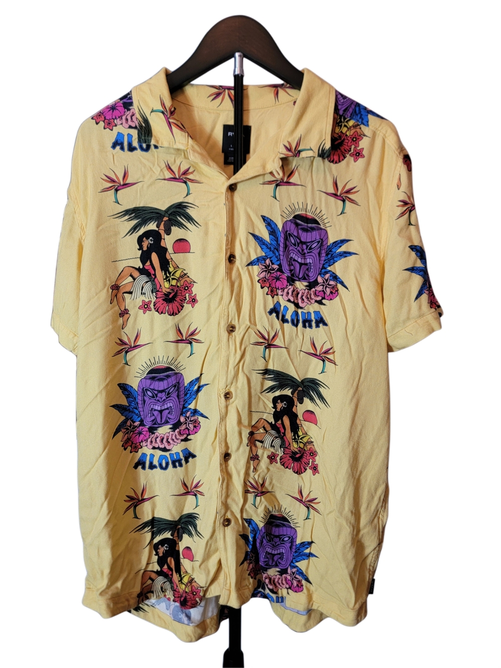 RVCA Yellow Hawaiian Button-Up Shirt with Purple Tiki Print - Size Large